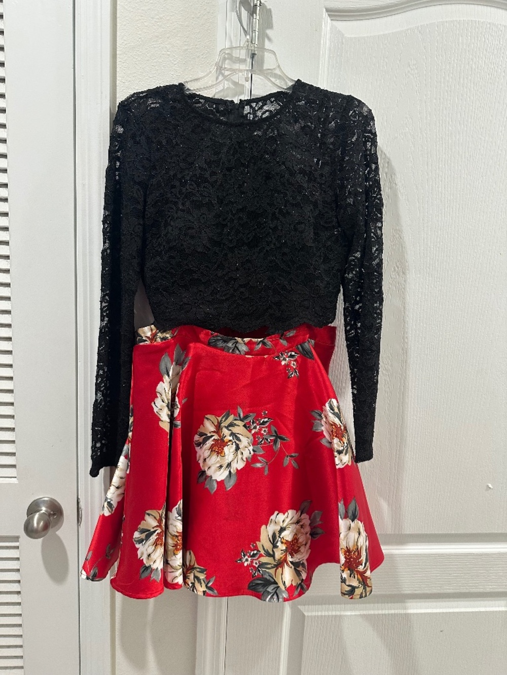 Red Floral Dress with Black Lace Long Sleeves